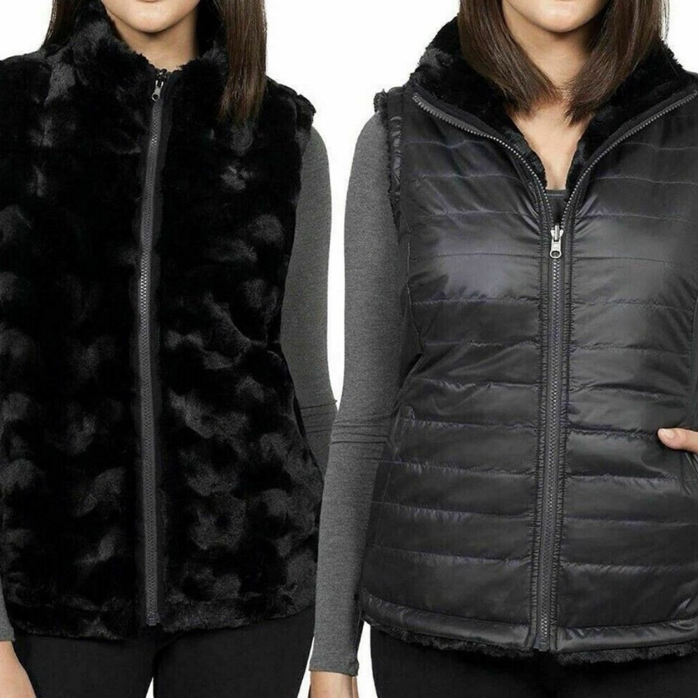 Nicole Miller women’s  Black vest, original faux fur reversible Puffer.